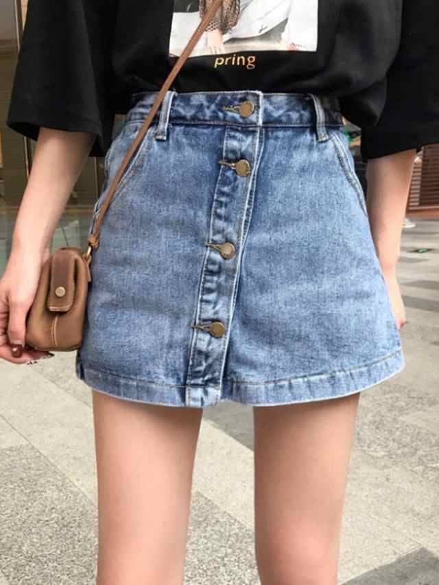 ハイウエスト ショート パンツ レディース 秋 黒 デニム ミニ丈 韓国 巻きスカート ドッキング かわいい おしゃれ フロントボタン 女の子 ダンス衣装 大きいサイズ フェミニン モード セクシー 